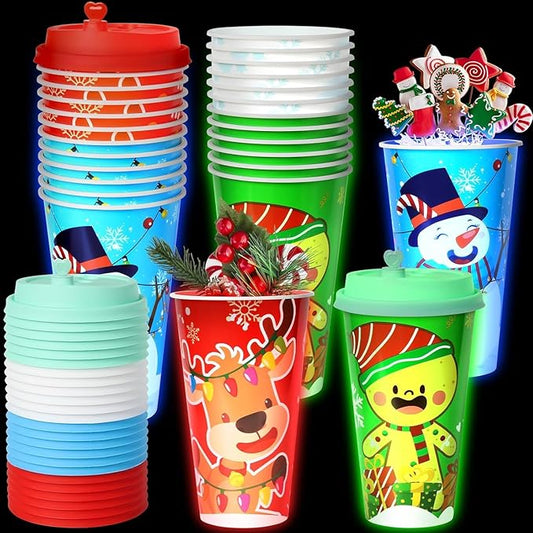 24 Sets Christmas Party Cups for Kids, 16OZ Glow Christmas Plastic Cup for Holiday Movie Night Party Favors Supplies Decorations, Holiday Decor