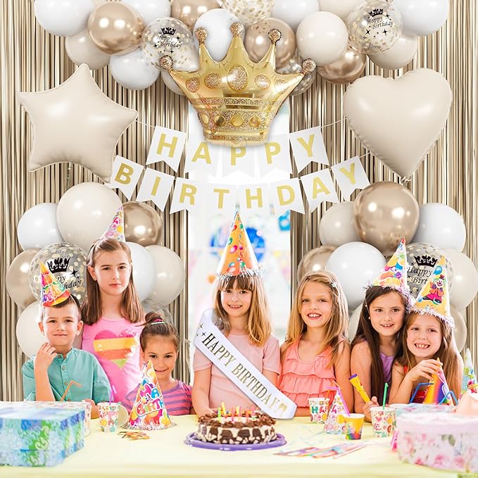 White & Gold Birthday Decor - Cream Champagne Gold Balloons, Banner, Foil Balloons, Fringe Curtain for Boho Party Supplies