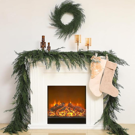 Jutom 1 PCS 6 ft Christmas Cedar Garland - Green Artificial Realistic Cedar Garland Faux Decoration for Table, Mantel, Wall Winter Holiday Party