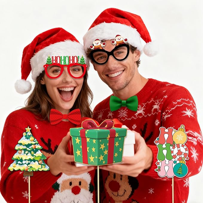 32PCS Christmas Photo Booth Props Set – Funny Xmas Party Decorations with Santa Hats, Glasses, Beards, Elf Ears & Signs – Christmas Party Supplies for Kids & Adults Holiday Photo Booth