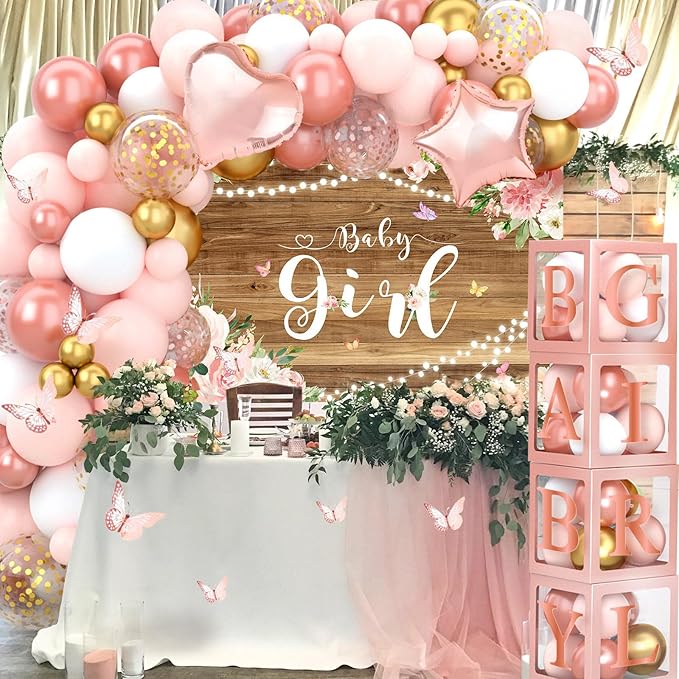 Rose Gold Retro Blush Pink Balloon Arch Garland Kit with Baby Balloon Boxes and Letters, Girl Birthday Backdrop for Butterfly Shower Decor