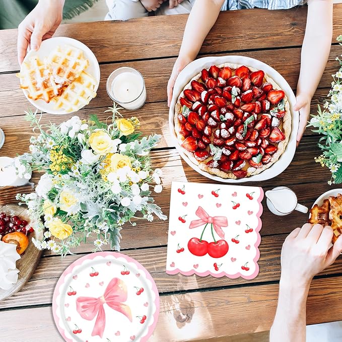 40PCS Cherry Birthday Party Decorations - Disposable Tableware Cherry Party Supplies, Plate, Napkin for Fruit Girls/Summer Cherry Theme Birthday Baby Shower Table Decorations Fit 20 Guests