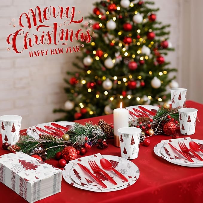 Pickmesh 400 Pcs Christmas Party Supplies Red Silver Xmas Tree Snowflake Disposable Paper Plates Napkins Cups Cutlery for Winter Xmas Christmas Birthday Party Table Decorations Serve 50