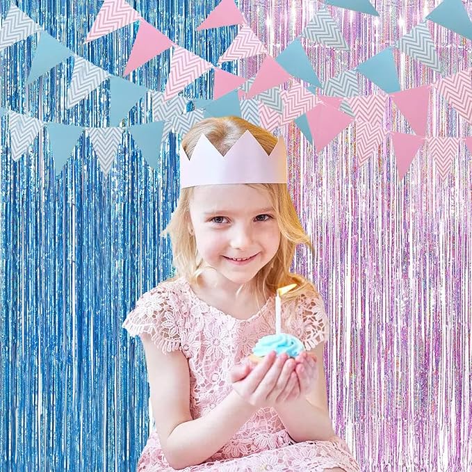 BRAVESHINE Pink Blue Tinsel Foil Fringe Curtains - 2Pcs 3.2x8.2ft Holidays Photo Streamers Backdrop for Christmas/Mermaid/Princess/Easter/Girl or Boy Birthdays/Bridal Shower Party Supplies Decorations