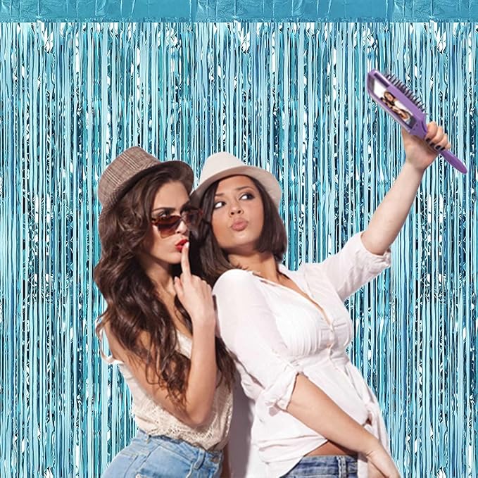 4 Pack Light Blue Foil Fringe Curtain Backdrop, 3.28Ft x 8.2Ft Metallic Tinsel Foil Fringe Streamer Curtains for Photo Booth Props, Birthday, Wedding, Christmas Decoration Party Supplies New