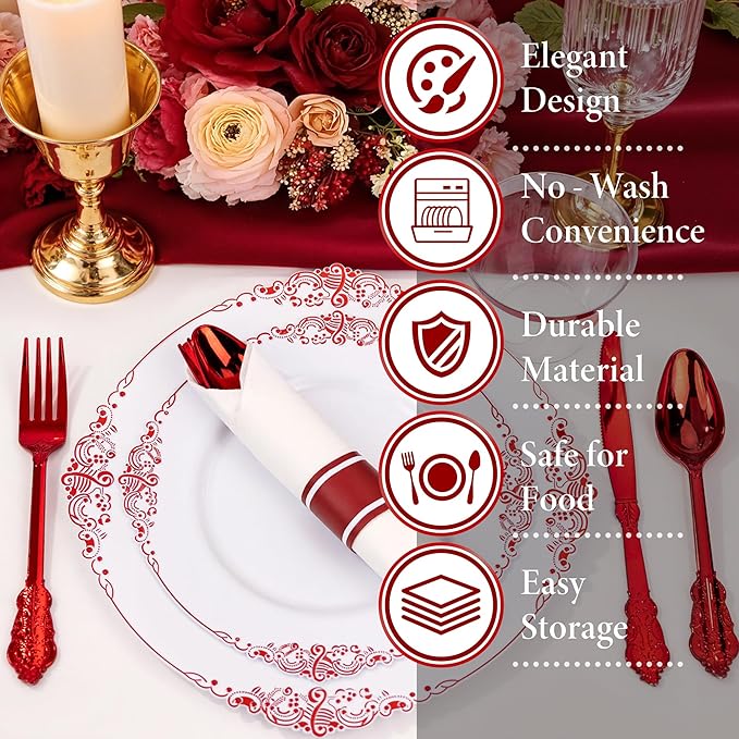 Nervure 350PCS Red Plastic Plates - White Red Plastic Dinnerware Set for 50 Guests - 100 Red Disposable Plates, 50 Pre Rolled Cutlery Set, 50 Cups Perfect for Wedding, Party & Christmas