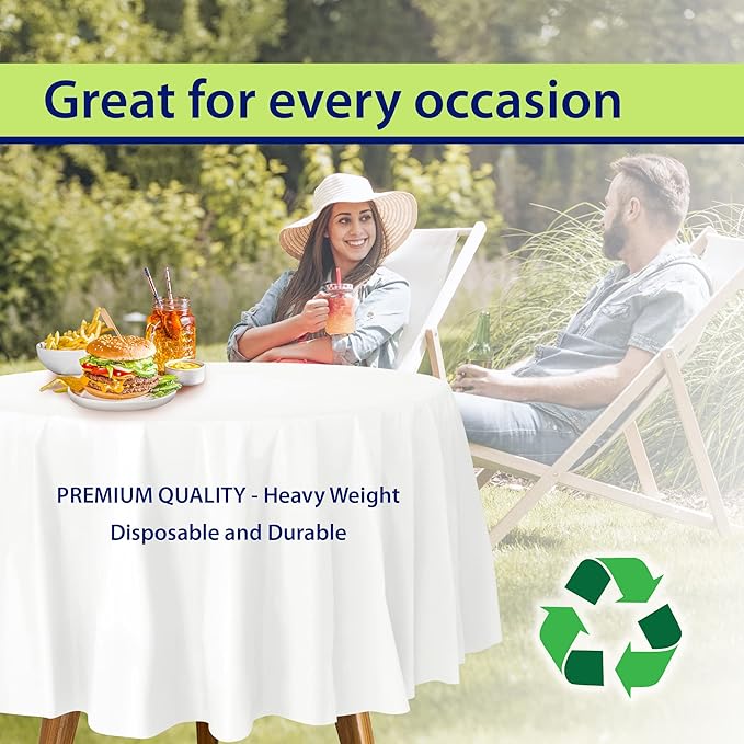 Party Dimensions White Disposable Plastic Tablecloth for Round Tables (12 Pack) 84 inches Table Cloths for Parties, Events & Weddings, Indoors & Outdoors, Plastic Table Cover
