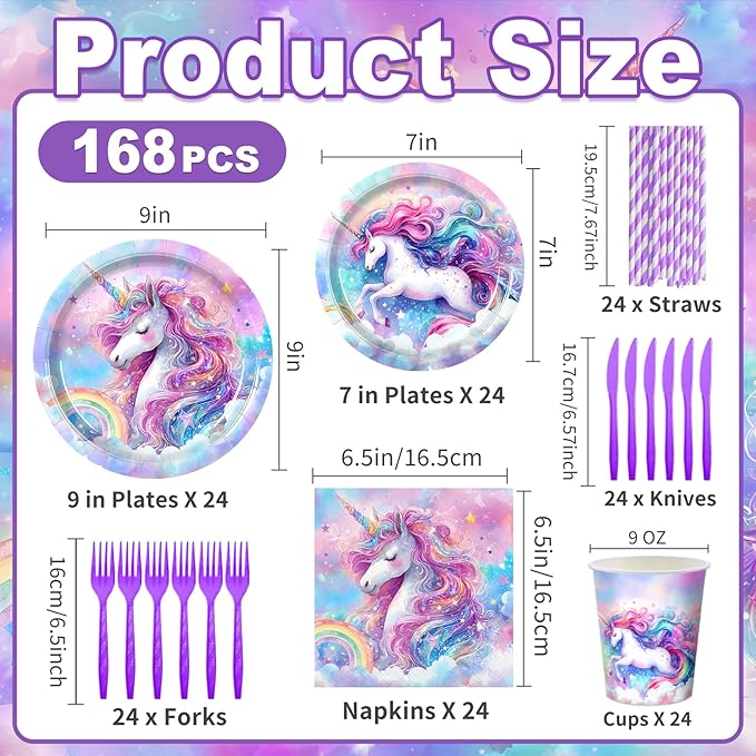 168PCS Unicorn Party Supplies Set for 24 Guests, Magical Unicorn Plates, Cups, Napkins, Straws, and Cutlery, Disposable Tableware Set for Birthday, Baby Shower, and Girls’ Party Decorations