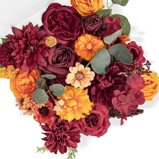 TINGE TIME Silk Fake Flowers Combo, Fake Foam Dahlia with Stems for DIY Wedding Bouquets Centerpieces Baby Shower Party Home Decorations(Burgundy & Burnt Orange)