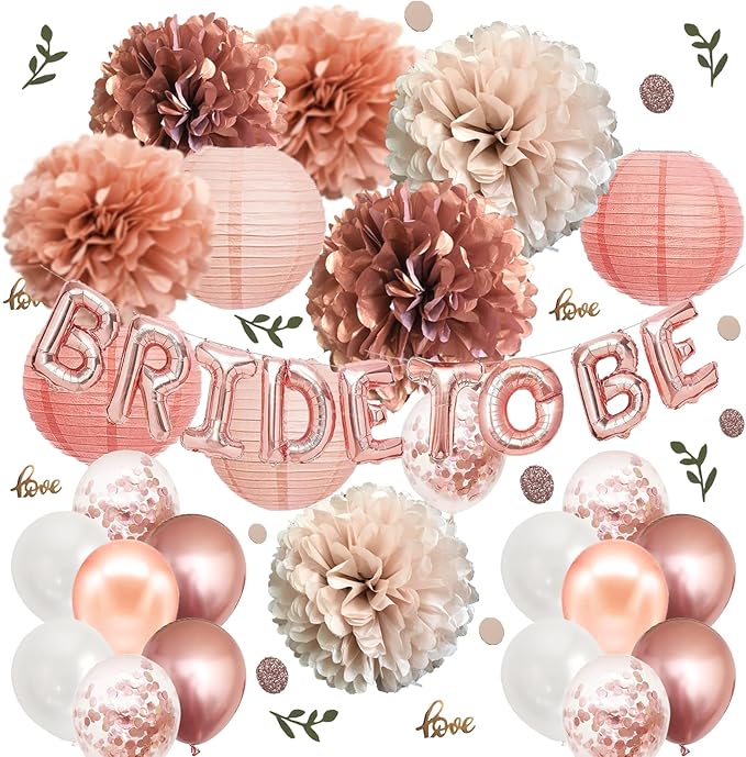 Bachelorette Party Decorations - Bridal Shower Party Decor and Supplies Kit for Wedding With Foil Balloons Table Confetti Scatters Hanging Paper Lantern Tissue Flowers (Rose Gold)