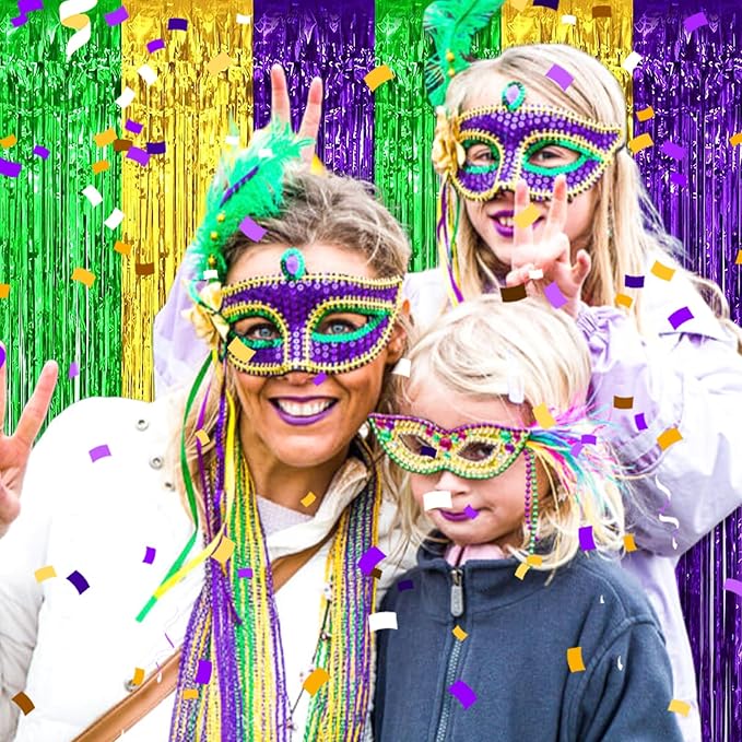 3 Pack Gold Green Purple Foil Fringe Curtain Backdrop, 3.28Ft x 8.2Ft Metallic Tinsel Foil Fringe Streamer Curtains for Photo Booth, Mother's Day, Easter, Birthday, Wedding Party Decorations