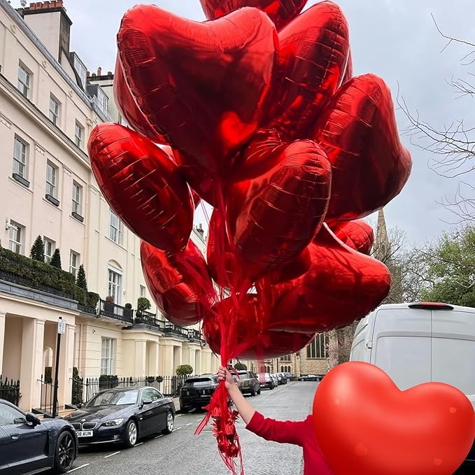 Red Heart Balloons, 18 Inch Metallic Red Foil Balloon Helium 10Pcs Large Ruby Heart Shape Foil Balloons for Wedding Girls Women Birthday Anniversary Bachelorette Valentines Day Baby Shower Mother Day