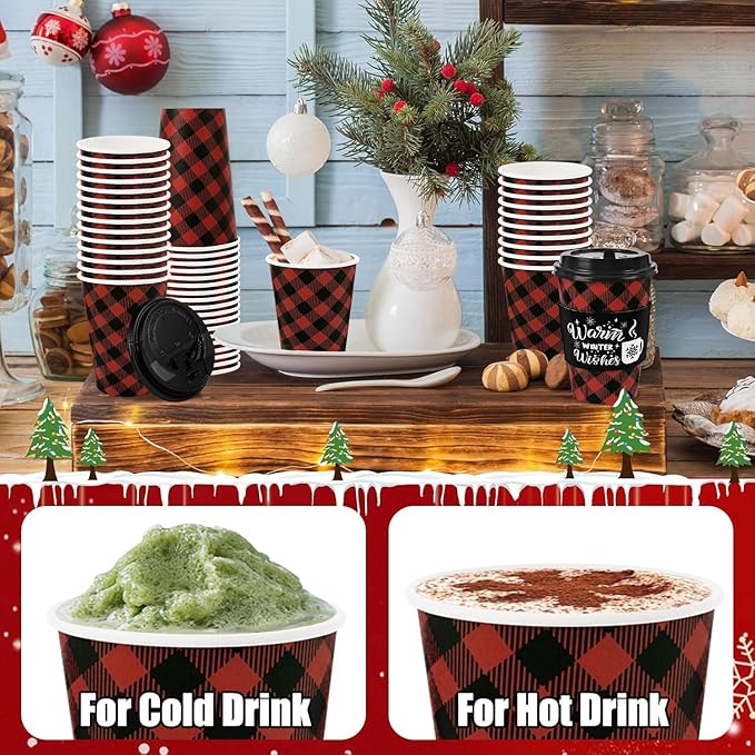 60 Pcs Christmas Buffalo Plaid Coffee Cups Christmas Paper Cups Disposable with Lids Sleeves and Stirrers 16 oz for Winter Christmas Hot Cocoa Party Supplies