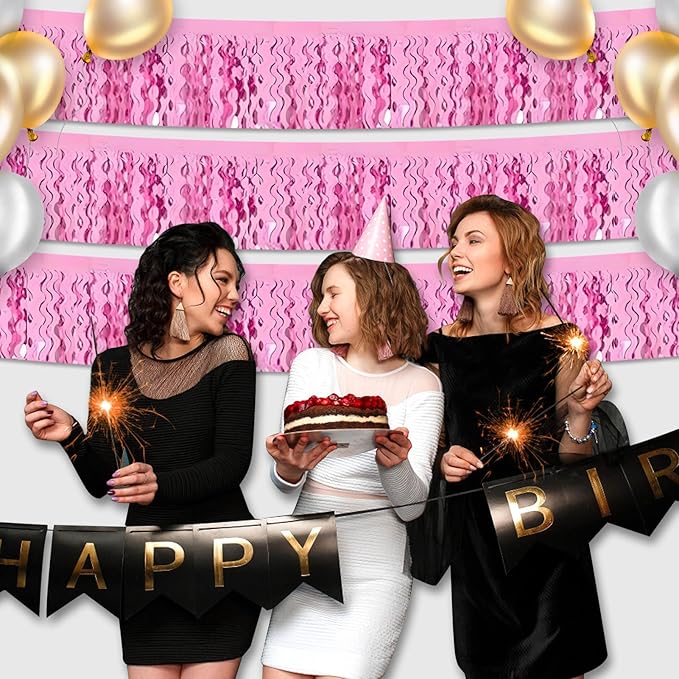 6 Pack 10 Feet Pink Wave Foil Fringe Garland Metallic Tinsel Streamers Banner Wall Hanging Curtain Backdrop for Parade Floats, Mother's Day, Easter, Wedding, Birthday Party Decoration