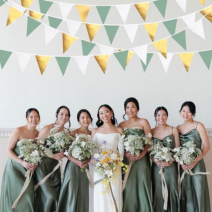 32Ft Sage Green Party Decorations Sage Green and Gold Triangle Flag Fabric Banner Pennant Bunting Garland Streamers for Rustic Party Wedding Baby Shower Birthday Home Nursery Outdoor Garden Decor