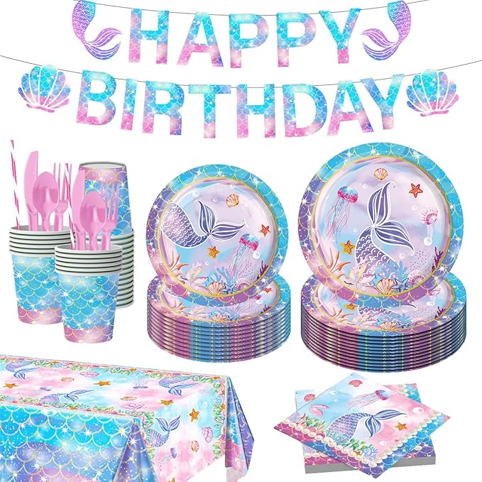 Mermaid Party Supplies Plates and Napkins Sets,Mermaid Birthday Decorations Disposable Plates for Baby Shower, Mermaids Theme Tableware with Cups, Tablecloth, Birthday Banner for Kids Girls, Serve 24