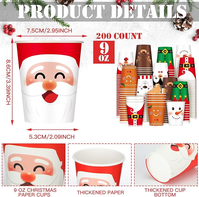 Zhehao 200 Pcs Christmas Paper Cups Xmas Disposable Coffee Cups 9 oz Santa Snowman Elk Disposable Christmas Paper Drinkware for Tea Beverage Cocoa Cold Hot Drink