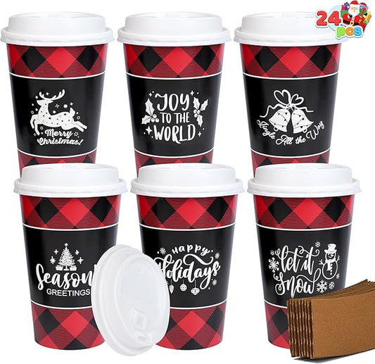 JOYIN 24 PCS Christmas Buffalo Plaid Paper Cups with Sleeves and Lids, 6 Designs 16 oz Xmas Drinkware Coffee Cups for Hot Cocoa Chocolate Cold Beverage Holiday Tableware Winter Party Supplies