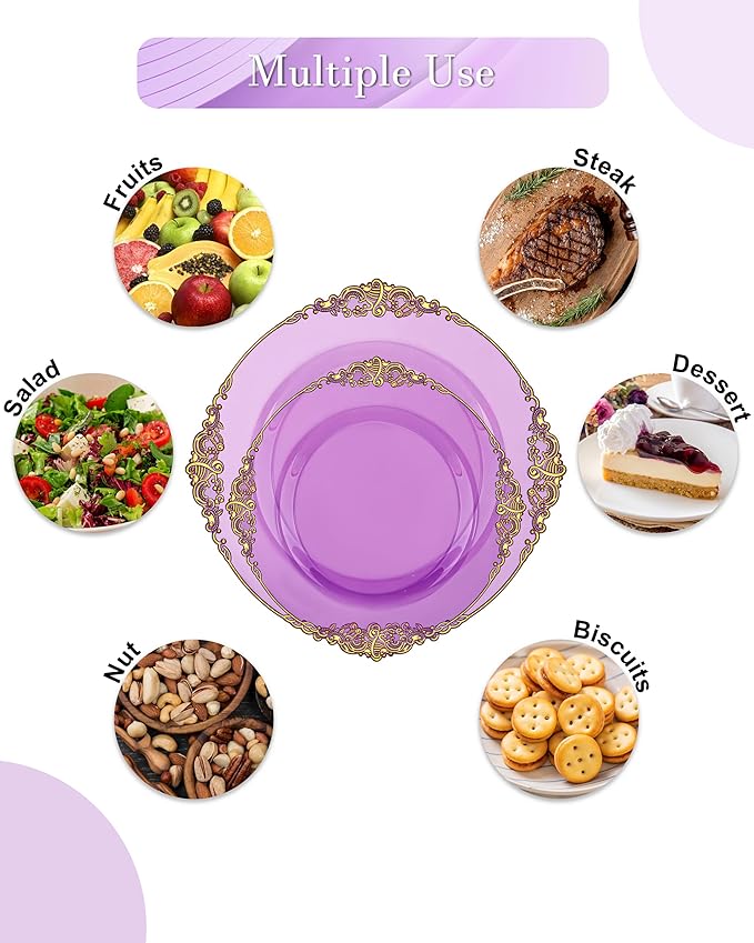 Nervure 175PCS Clear Purple Plastic Plates - Purple Party Plates Set for 25 Guests Include 25Dinner Plate, 25Dessert Plate, 25Cups, 75 Cutlery, 25Napkins Perfect for Wedding & Party & New Year
