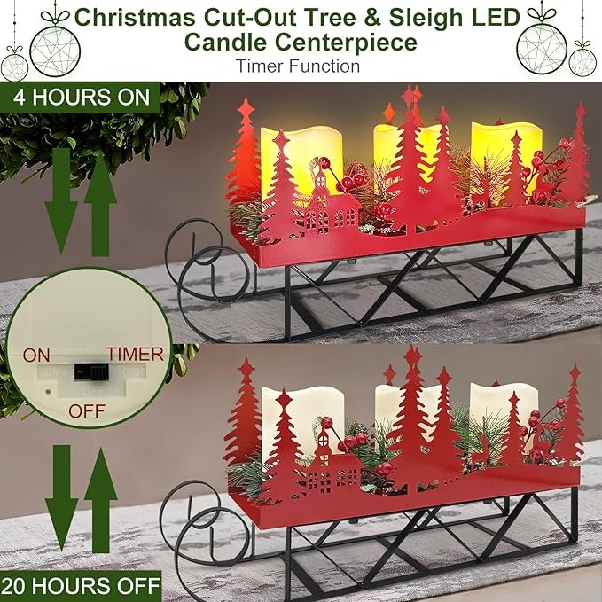 Christmas Sleigh Centerpiece Table Decorations with Flickering Led Candle Lights Xmas Sleigh Silhouette Candelabrum for Dinning Room, Table, Fireplace, Mantel Holiday Decoration