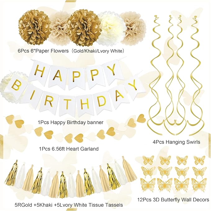White and Gold Birthday Party Decorations Kit for Women Girls, Gold White Sand Confetti Foil Balloons Happy Birthday Banner Fringe Curtains Butterfly Garland Baptism Communion Supplies