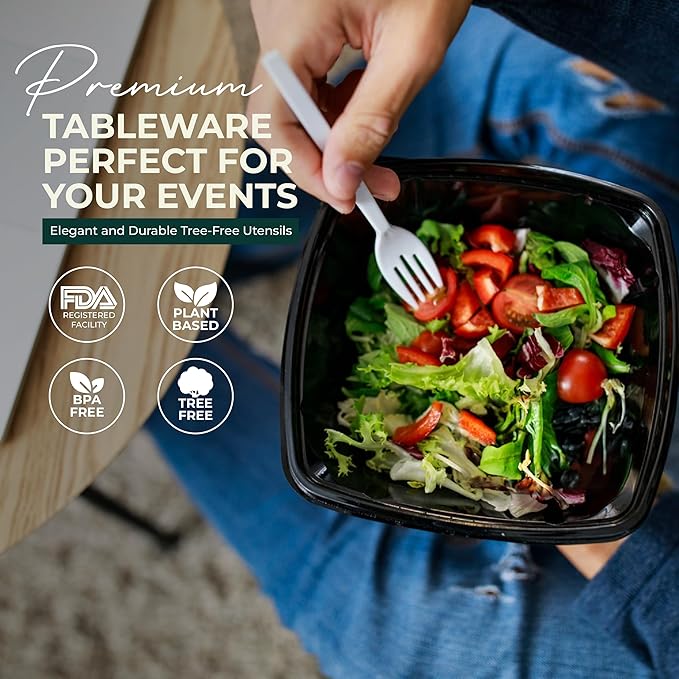 100% Compostable Forks 500 Large biodegradable forks Disposable Compostable Cutlery Silverware Utensils durable and heat resistant alternative to plastic forks with convenient tray by KOALALOVE