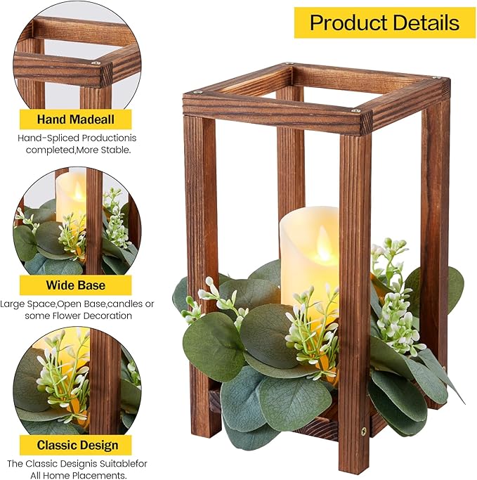 6 Set/18 Pcs Wooden Wedding Lantern Centerpiece Include 6 Wooden Lantern Candle Holder 6 Flameless LED Candle 6 Eucalyptus Leaves Wreath for Centerpieces Wedding Table Party Farmhouse Decor