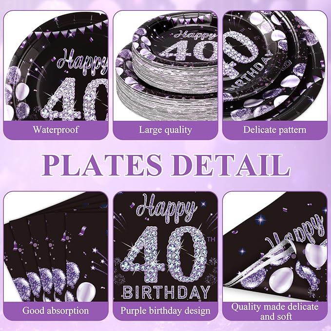 Pickmesh 400 Pcs 40th Birthday Party Supplies Purple Black Happy 40th Birthday Decorations Include Disposable Paper Plates Napkins Cups Cutlery for Men Women Party Serve 50