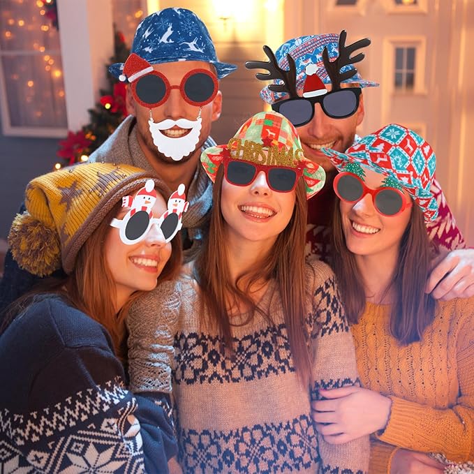 12pcs Christmas Photo Booth Prop, 6pcs Fedora Hats, 6pcs Party Sunglasses for Adult, Teen, Ugly Sweater Hat, Funny Glasses, Merry Xmas Carnival Party Costume Prop