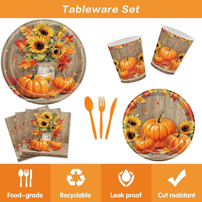 140Pcs Fall Thanksgiving Party Supplies Tableware Set for 20 Guests, Pumpkin Paper Plates and Napkins Cups Tablecloth Cutlery Straws for Autumn Harvest Party Decoration
