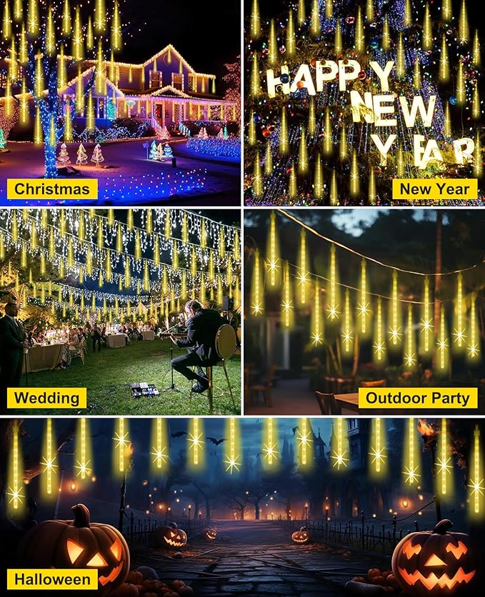 Christmas Lights Outdoor,16 Inch 20 Tubes Meteor Shower Light Falling Rain Drop String Lighting Icicle Snow Cascading Xmas String Decor for Tree Wedding Party Garden Holiday Decoration,Warm White