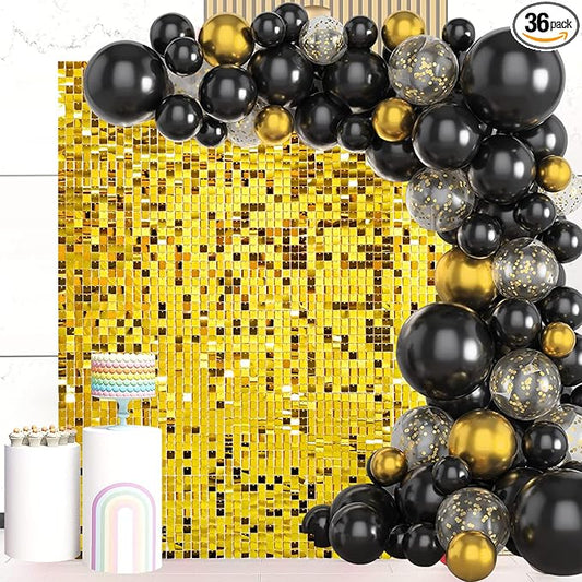 Gold Shimmer Wall Backdrop 36 Panels Cover 6 x 6 Ft, Photo Backdrops for Wedding,Anniversary,Birthday,Party Decoration