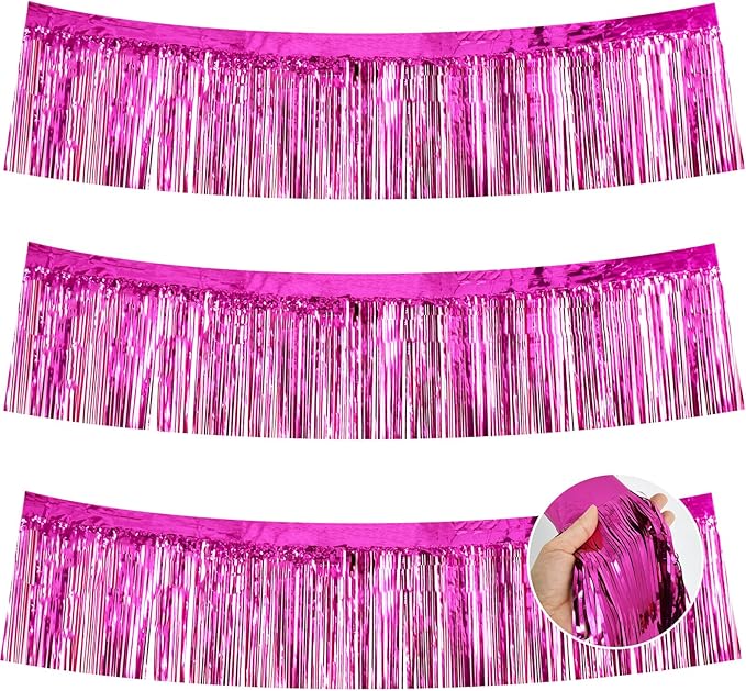 BEISHIDA 3 Packs Metallic Foil Fringe Garland Rose Red Wall Hanging Tinsel Fringe Banners for Car Floats Bridal Shower Wedding Birthday Easter Graduation Holiday Party Decoration(30 Feet)