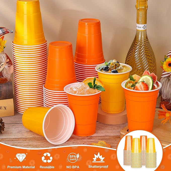KesaPlan 100 Pcs 16 OZ Plastic Cups for Thanksgiving Party, Disposable Yellow and Orange Drinking Cups, Fall Plastic Cup for Thanksgiving Halloween Wedding Birthday Holiday Party Celebrations