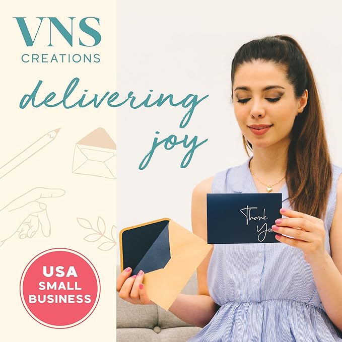 VNS Creations Thank You Cards With Envelopes Bulk Set & Stickers - 100 Pack 4x6 Blank Thank You Notes Bulk Box Set - Large Note Card Small Business, Wedding, Baby Shower & Bridal Shower - Navy Blue