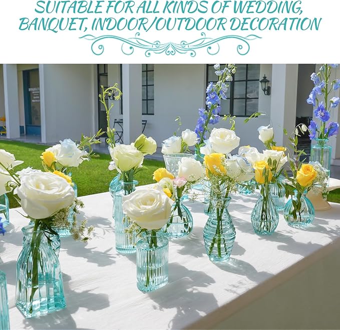 Bud Vases Set of 12, Blue Glass Vase Small Vintage Flower Vase for Decor Ribbed Glass Bud Vases in Bulk Wedding Decor Bridal Shower Party Centerpieces Home Room Table Decorations