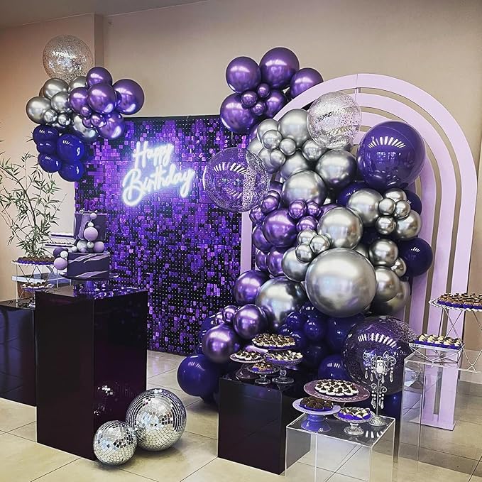50pcs Purple & Black Balloons - 12in Metallic Silver, Black with Ribbons & Confetti for Halloween, Birthdays, Anniversaries & Graduations