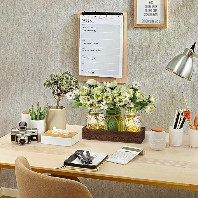 3 Pcs Mason Jar Centerpiece Table Decorations for Dining Farmhouse Coffee Table Decor with Wood Tray and Led Light Table Centerpieces for Dining room Kitchen Living Bathroom,Green