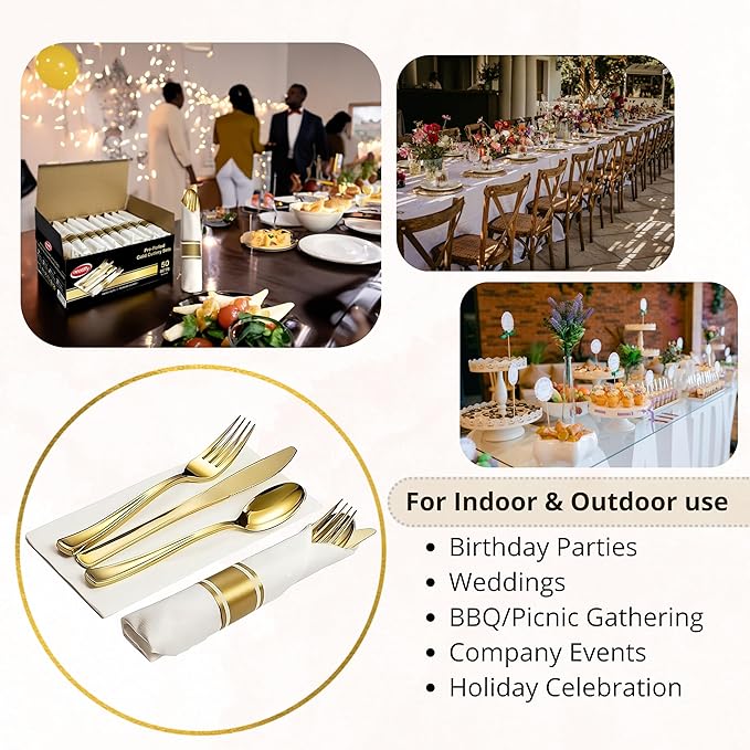 Neatiffy 50 Pack Gold Plastic Silverware Set, Pre Rolled Napkin and Cutlery Set with 50 Forks, 50 Knives, 50 Spoons, 50 Napkins, Utensils, Silverware for Parties, Weddings and Birthdays