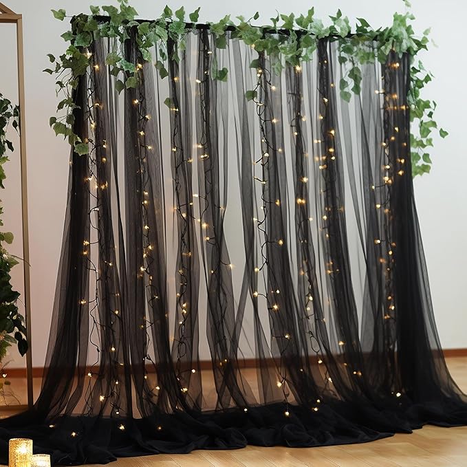 10ft x 8ft Black Backdrop Curtain with Lights String for Parties, Sheer Tulle Wedding Photo Backdrops Drapes for Baby Shower Birthday Party Decorations Background for Photography