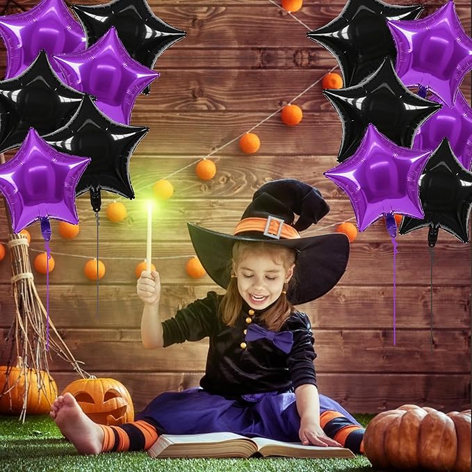 TONIFUL 30Pcs 18 Inch Large Purple Black Star Shape Foil Balloons Big Stars Helium Mylar Ballons for Halloween Birthday Wedding Baby Shower Anniversary Engagement Party Decorations Supplies