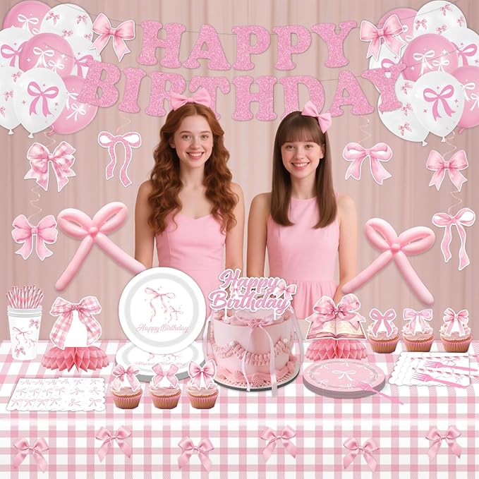190PCS Pink Bow Party Supplies Birthday Decorations Coquette Disposable Plates Napkins Set, Banner, Hanging Swirls, Tablecloth, Cake Topper, Balloon, Honeycomb Centerpieces Table Decorations