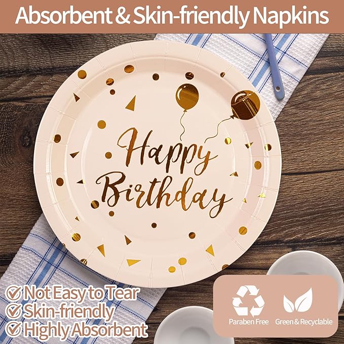90PCS Happy Birthday Plates and Napkins Party Supplies, Disposable Pink Gold Dot Dessert Paper Plates Napkins with Forks Tableware Set Party Decorations for Girl Women Birthday Parties