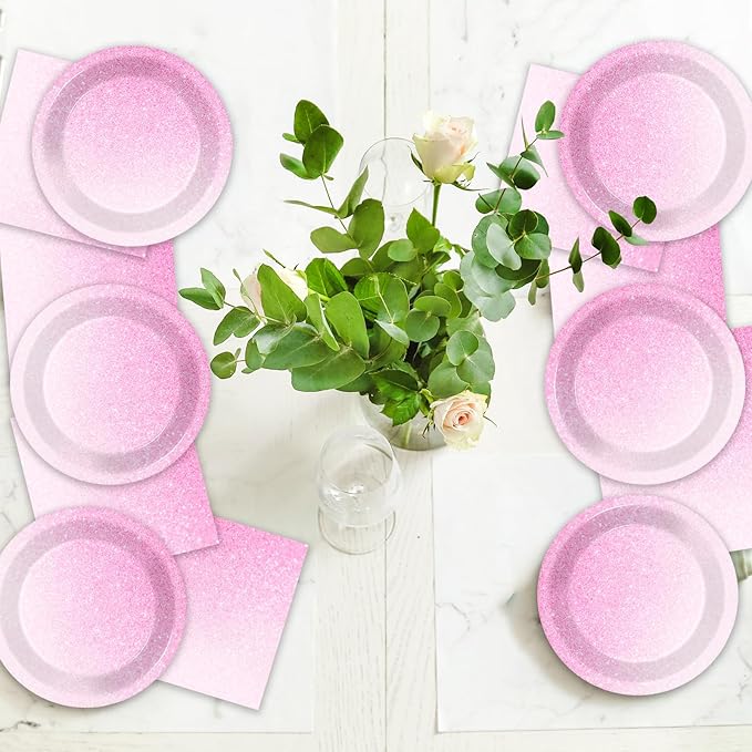 96 Pcs Ombre Pink Party Supplies Set for 24 Guests Gradient Pastel Pink Tableware Plates Dinnerware Table Decorations for Girls Woman Light Pink Sprinkle Wedding Birthday Anniversary Party Favors