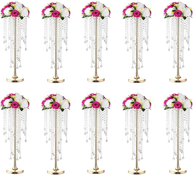 10 Pcs Bead Crystal Flower Arrangement Stand, Gold Vases for Centerpieces Table Decorations,for Home Party Wedding Anniversary Decor, 21.6in