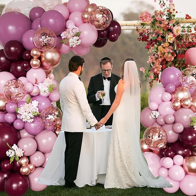 Retro Burgundy Balloon Arch Kit, 171Pcs Double-stuffed Dusty Pink Lavender Rose Pink Rose Gold Confetti Balloons for Baby Bridal Shower Wedding Engagement Birthday Party Decorations