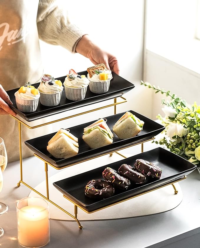 LYEOBOH 3 Tier Serving Tray Set, Tiered Serving Stand with Platters, Serving Dishes for Entertaining Halloween Christmas Party, Collapsible Sturdier Stand & 14 Inch Large Platters for Food Display