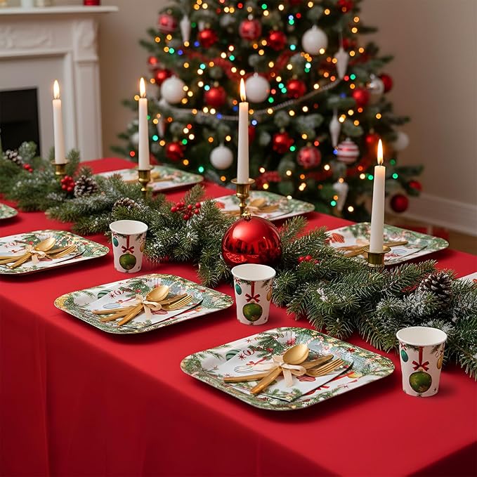 350 Pcs Christmas Party Supplies Christmas Tree Hanging Ball Party Tableware Set Square Paper Plates Disposable Napkins Cups Plastic Cutlery for Xmas Holiday Serves 50 Guests(Xmas Ball)