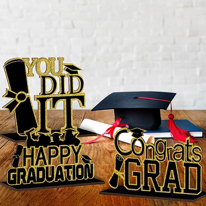 (4 Pcs) KSKSPE Graduation Decorations Party Supplies Table Centerpieces,Graduation Theme Design and Sturdy Wooden for Graduation Party Favors Decorations,Black