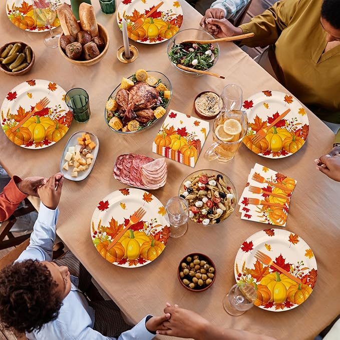 100 Pcs Fall Pumpkin Maple Tableware Party Supplies Set, Serves 25 – Disposable Autumn Harvest Paper Plates, Napkins, and Forks, Thanksgiving Day Dinnerware for Friendsgiving Gatherings Decorations